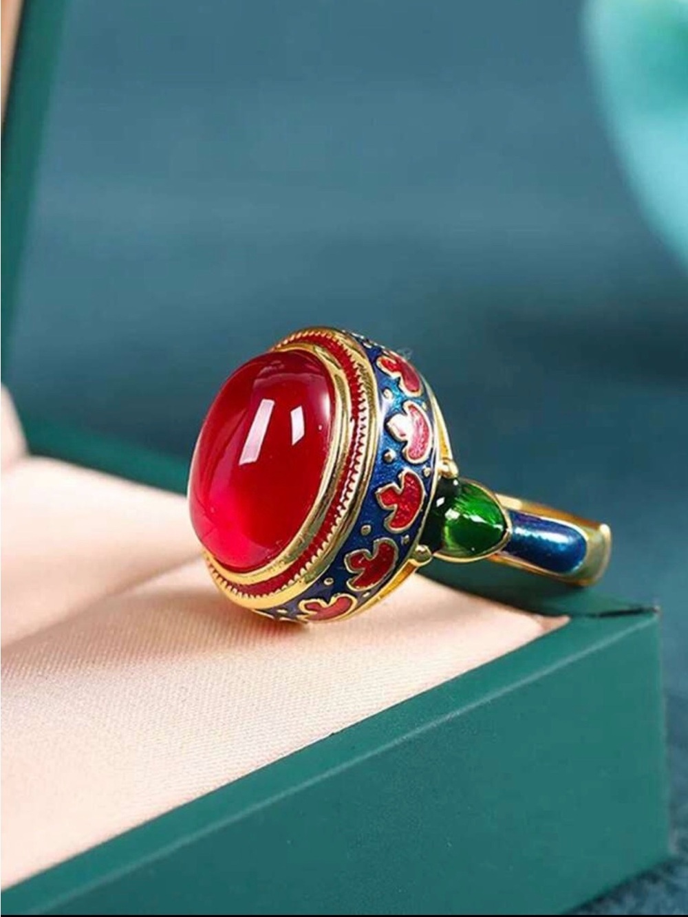 Vintage Enamel Statement Ring – Red Cabochon Gold Tone Cocktail Ring - Picture 3 of 4